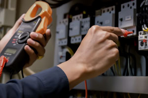 Un ingénieur électricien mesure la tension et la puissance de la ligne électrique dans un cabinet de contrôle