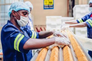 Des ouvriers d'une usine de biscuits empilent des biscuits fraîchement cuits sur la ligne de production en vue de leur conditionnement