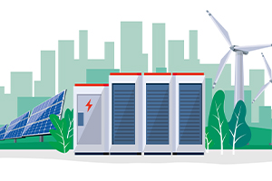 Illustration vectorielle d'une grande station de stockage d'énergie à batteries lithium-ion rechargeables et d'une station d'énergie électrique renouvelable avec panneaux solaires et éoliennes. Système de stockage d'énergie de secours.