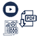 Pictos bleus représentant un document PDF, un bouton play Youtube et une feuille avec des statistiques