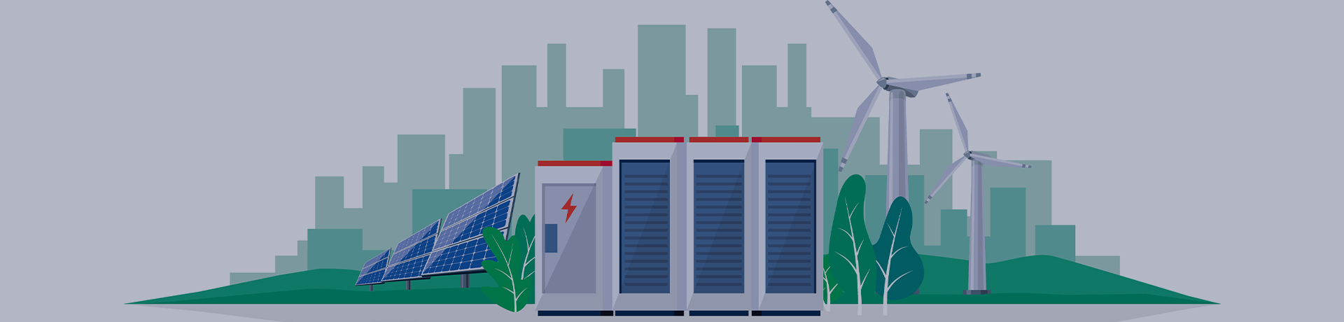 Vector illustration of a large rechargeable lithium-ion battery energy storage station and a renewable power plant with solar panels and wind turbines. Backup energy storage system. ©petovarga shutterstock 1670095636