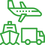 Un pictogramme vert d'un bateau, un camion et un avion