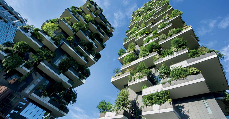 Bottom view of two buildings with greenery to represent environmental certifications and labels