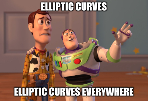 image humoristique: toy story qui dit "courbes elliptiques: les courbes elliptiques sont partout" 